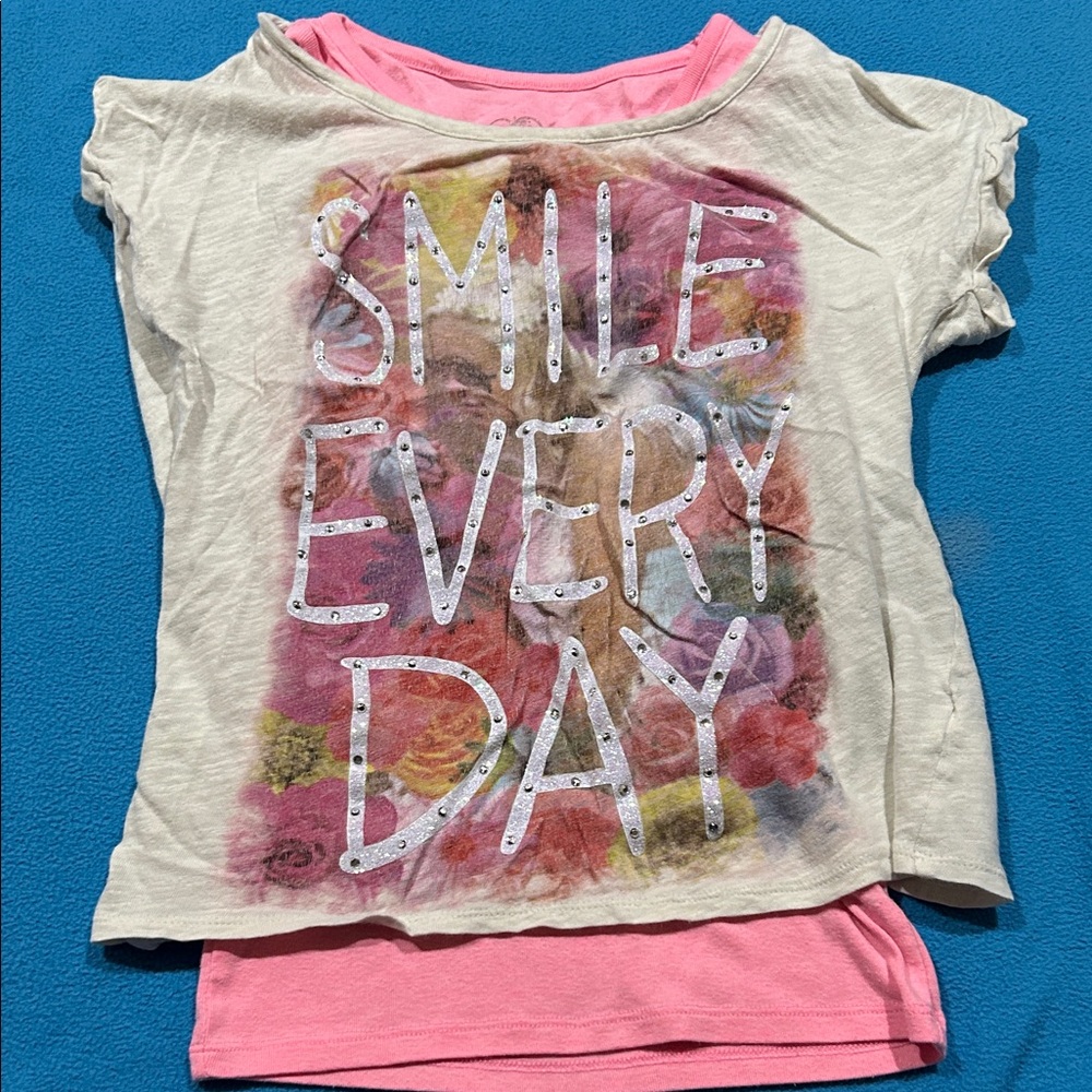 Justice Pink & Cream Layered 'Smile Every Day' Girls Tee